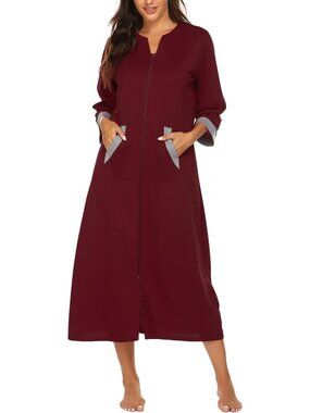 〽️Women's Bathrobe Wine Red 3/4 Sleeves Zipper Loungewear Full Length Nightgown